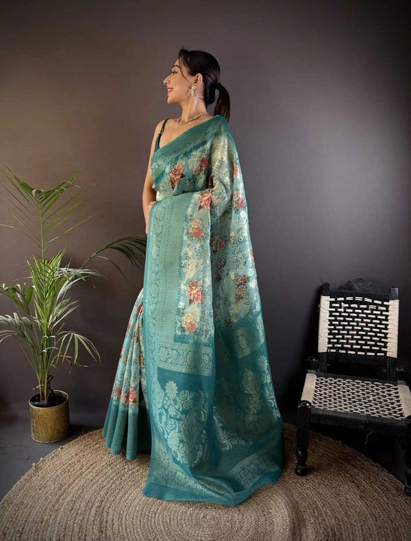 Fancy Rama green linen silk saree with digital printed work