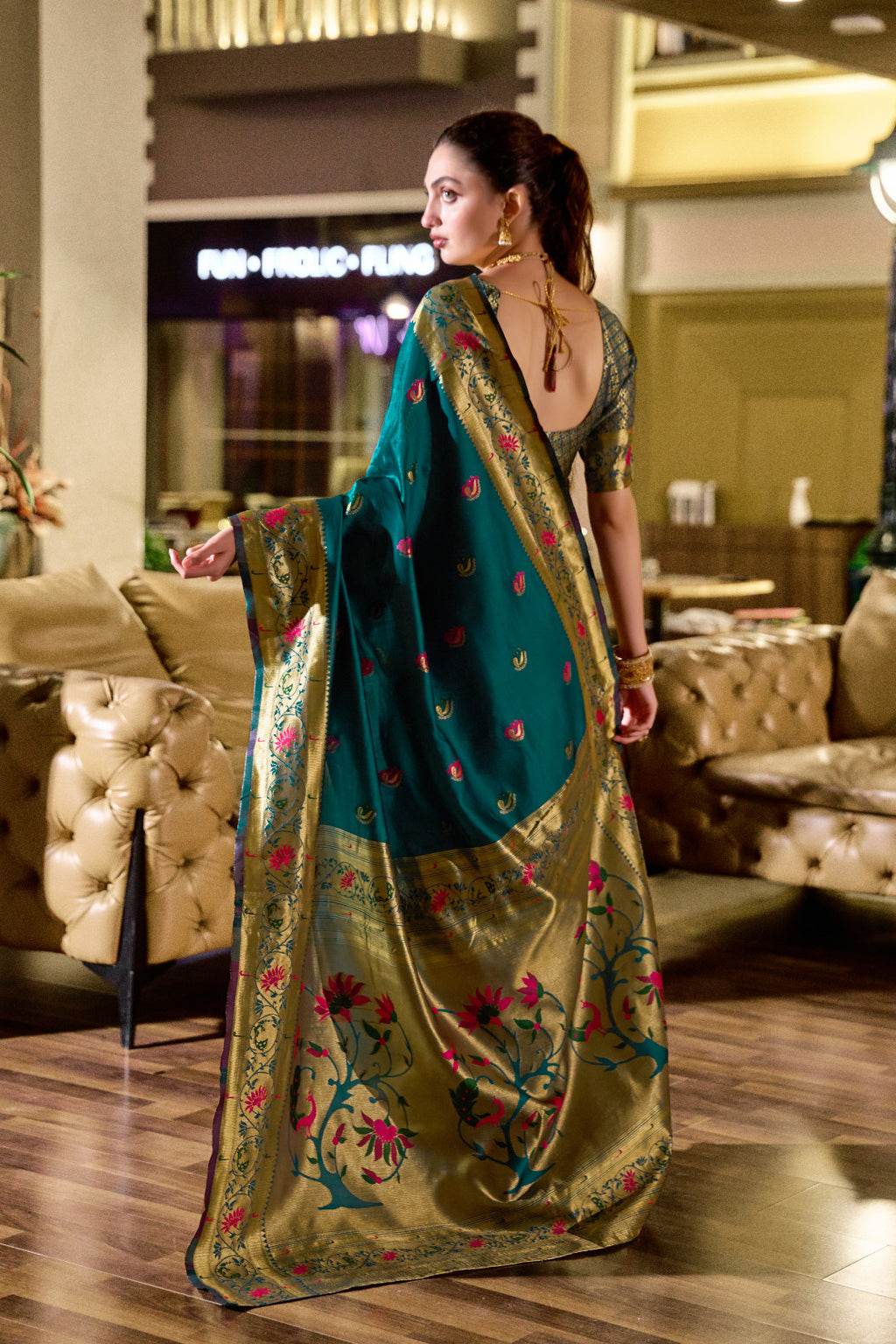 Traditional morpeach paithani silk saree with zari weaving work