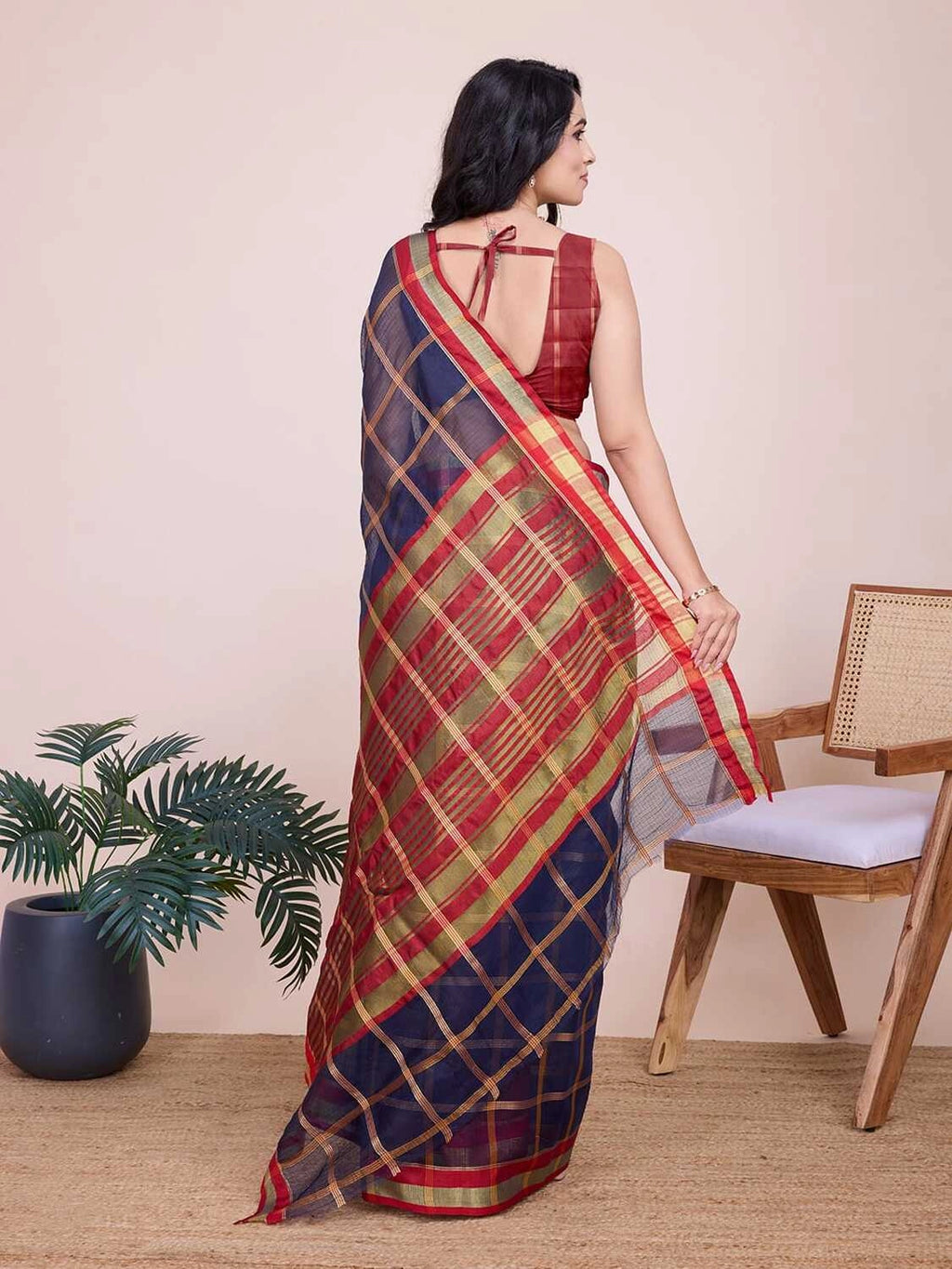 Navy blue kota doriya saree with zari weaving work