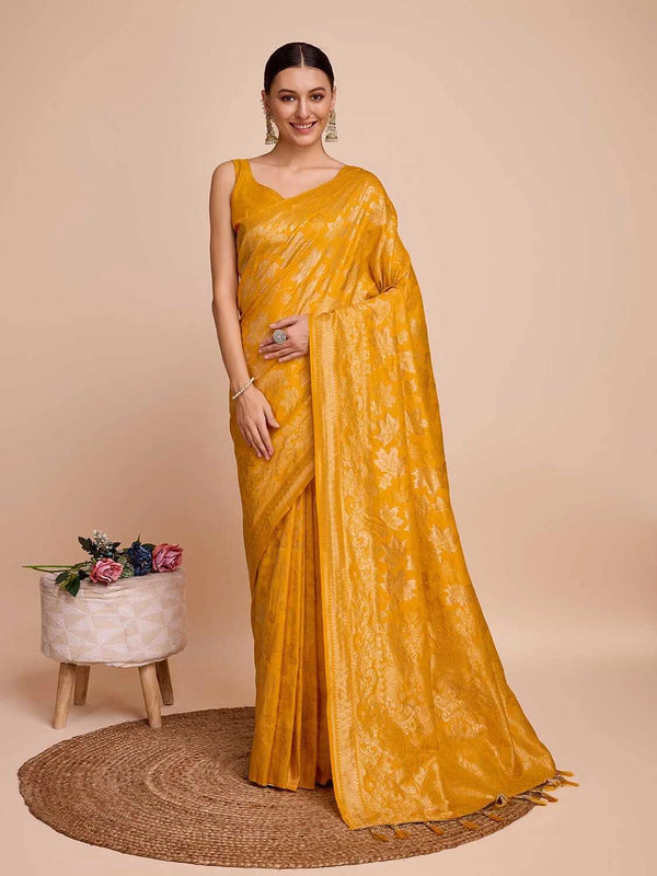 Golden & copper zari weaving with yellow color soft silk banarasi sareeee