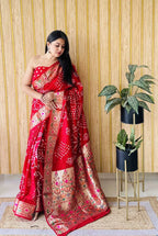 Red premium paithani bandhej silk bandhani saree with zari weaving work