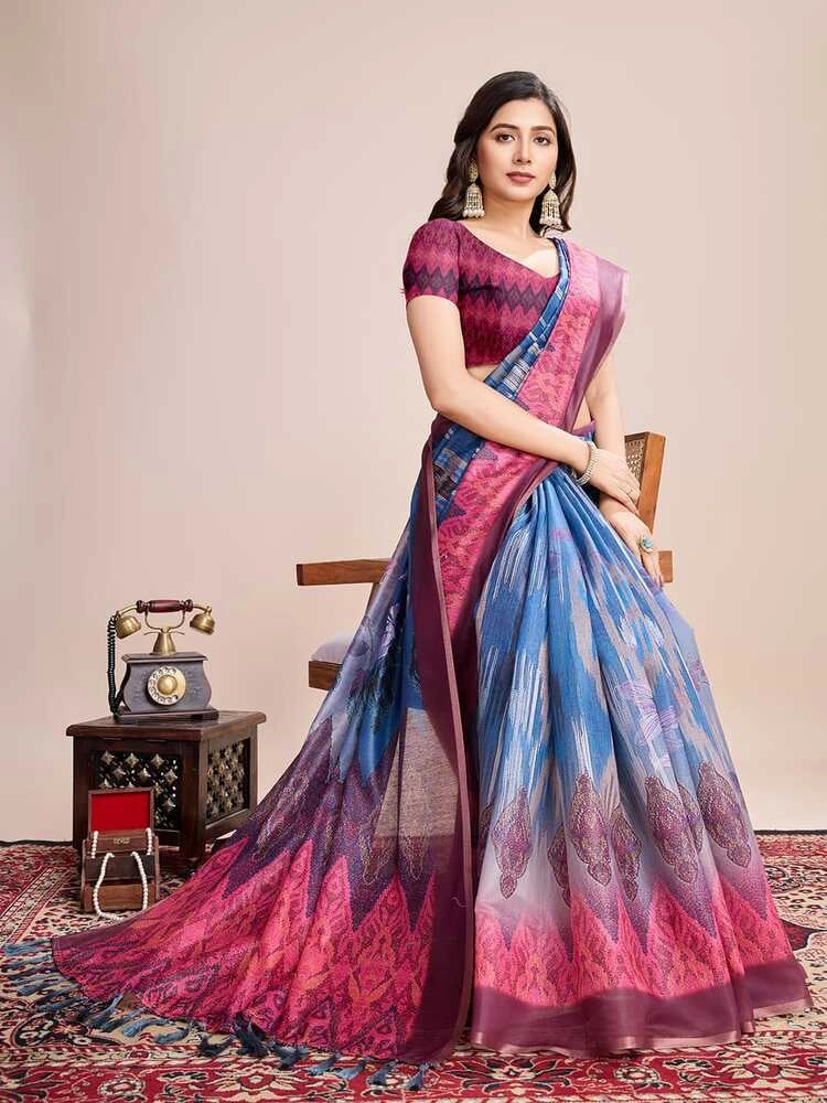 Blue soft linen cotton saree with floral printed work
