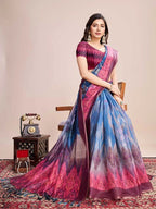 Blue soft linen cotton saree with floral printed work