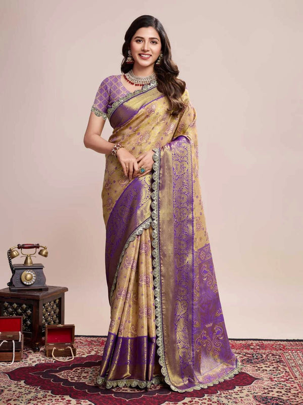 Beige kanjivaram silk saree with zari weaving work