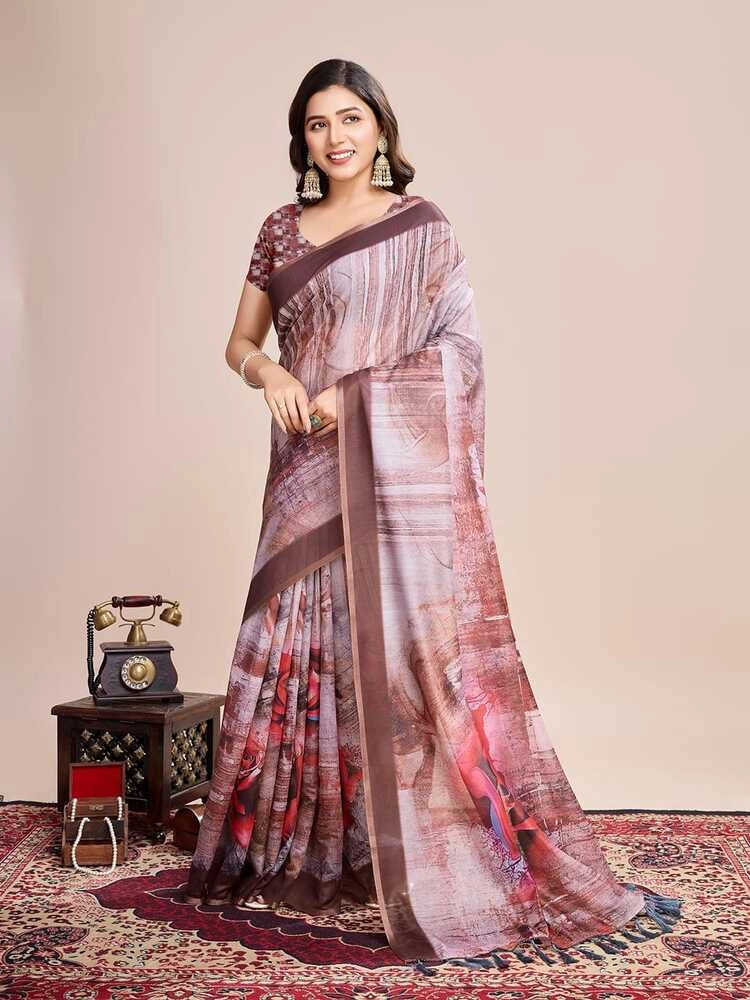 Brown soft linen cotton saree with floral printed work