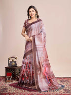 Brown soft linen cotton saree with floral printed work