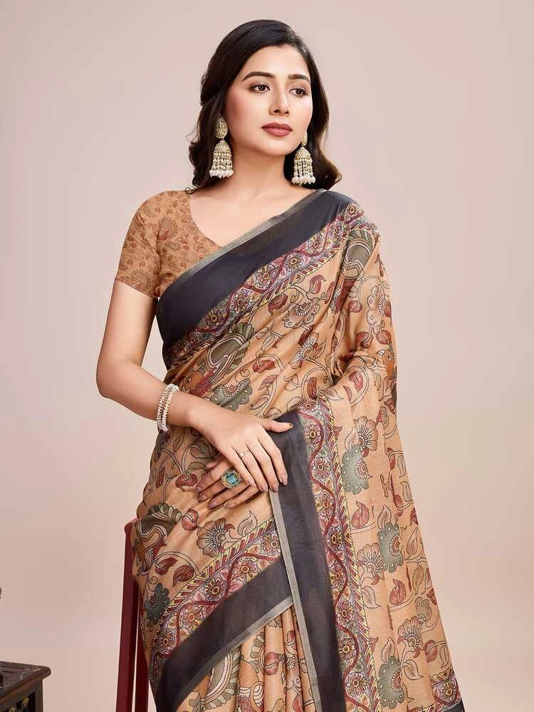 Multi soft linen cotton saree with floral printed work