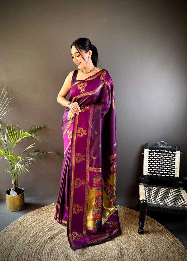 Magenta traditional paithani silk saree with meenakari zari weaving work