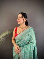 Sea green traditional blooming vichitra khadi bandhej silk saree with sequence work