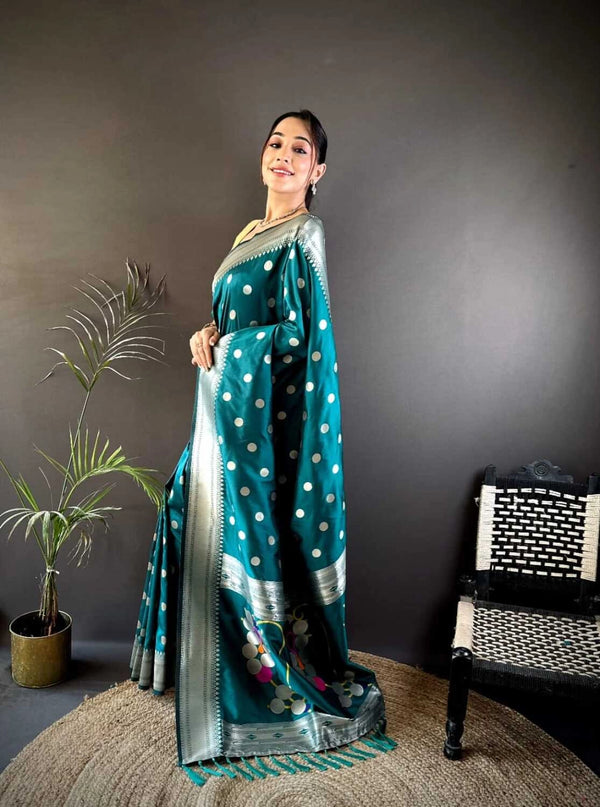 Rama green Nath paithani silk saree with zari weaving work