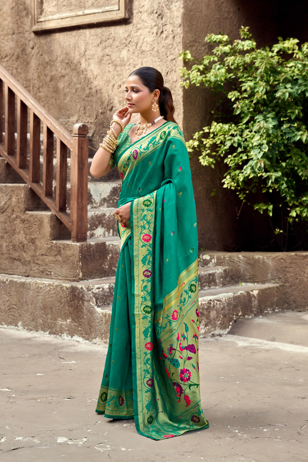 Traditional rama green paithani silk saree with zari weaving work