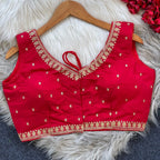 Red sequence and embroidery roman silk readymade blouse