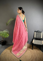 Baby pink traditional blooming vichitra khadi bandhej silk saree with sequence work
