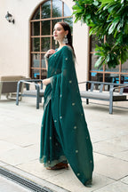 Dark green fancy shimmer chiffon saree with embroidery work