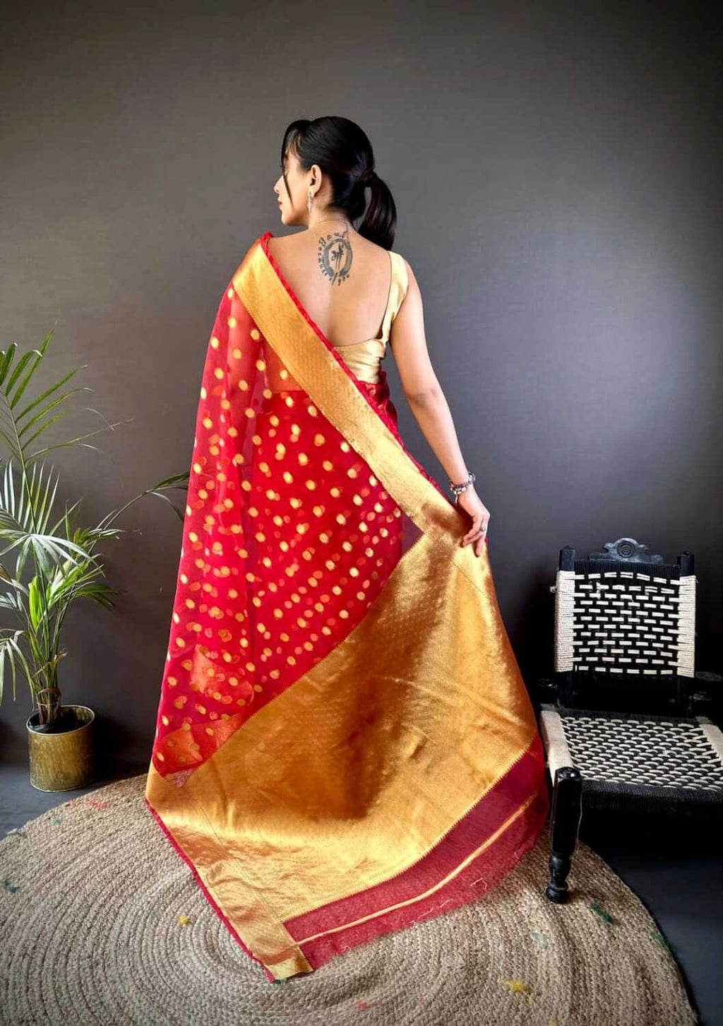Red latest organza silk saree with zari weaving work