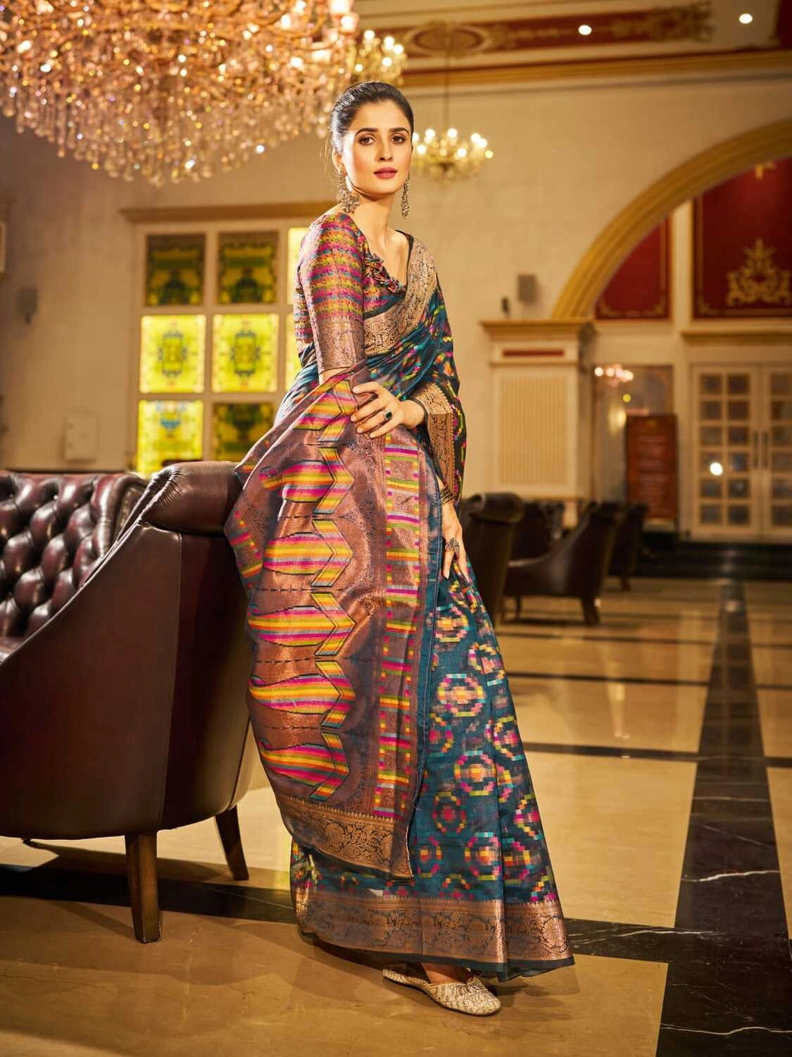 Firoji soft organza silk saree with zari weaving work