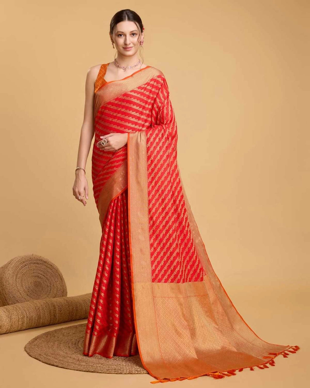 Red color kanchipuram silk saree with zari woven work