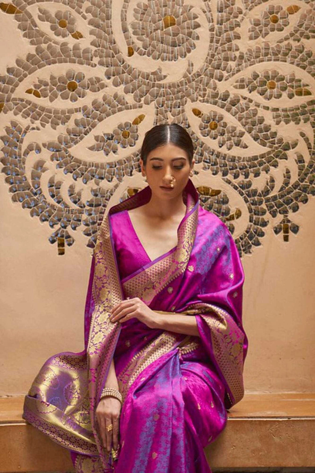 Purple soft banarasi silk saree with zari weaving work
