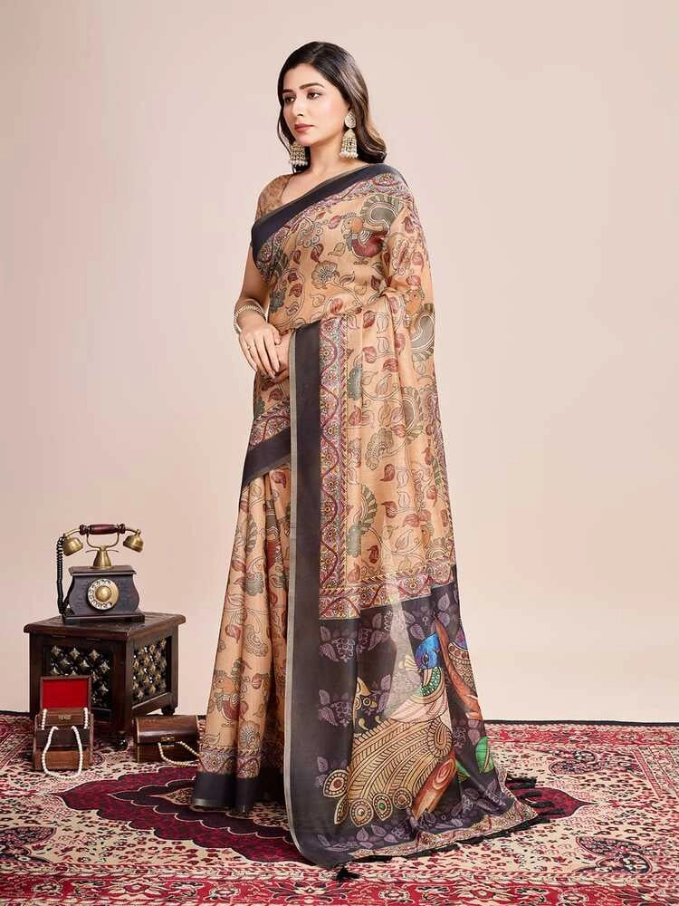 Multi soft linen cotton saree with floral printed work
