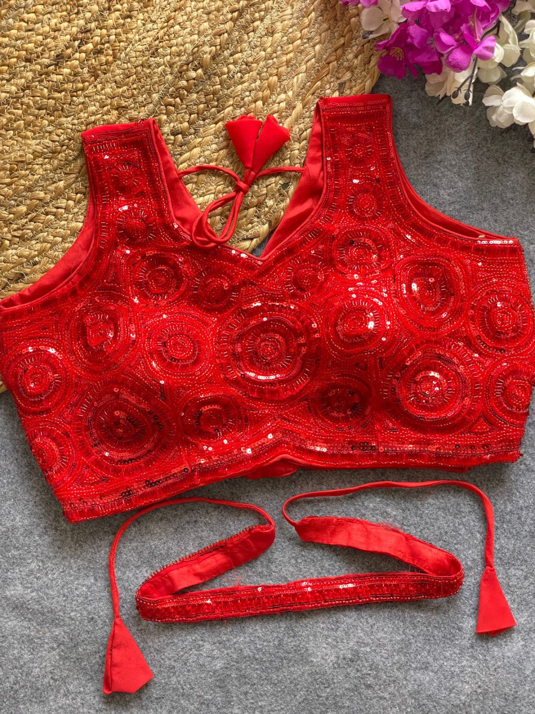 Red georgette fancy readymade blouse with handwork with Belt