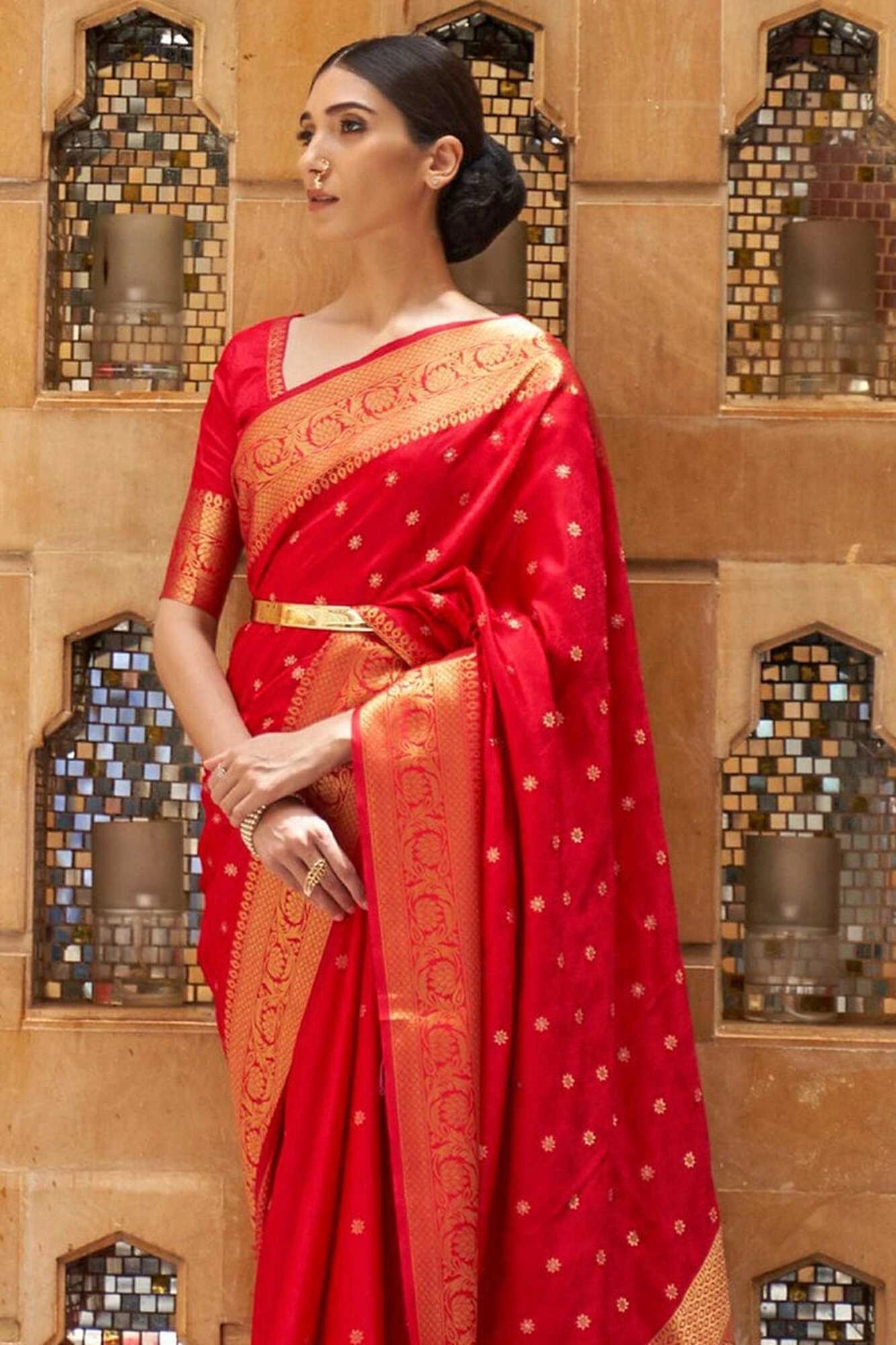 Red soft banarasi silk saree with zari weaving work
