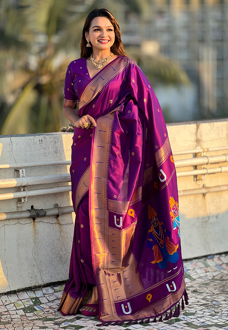 Magenta traditional paithani silk saree with zari weaving work