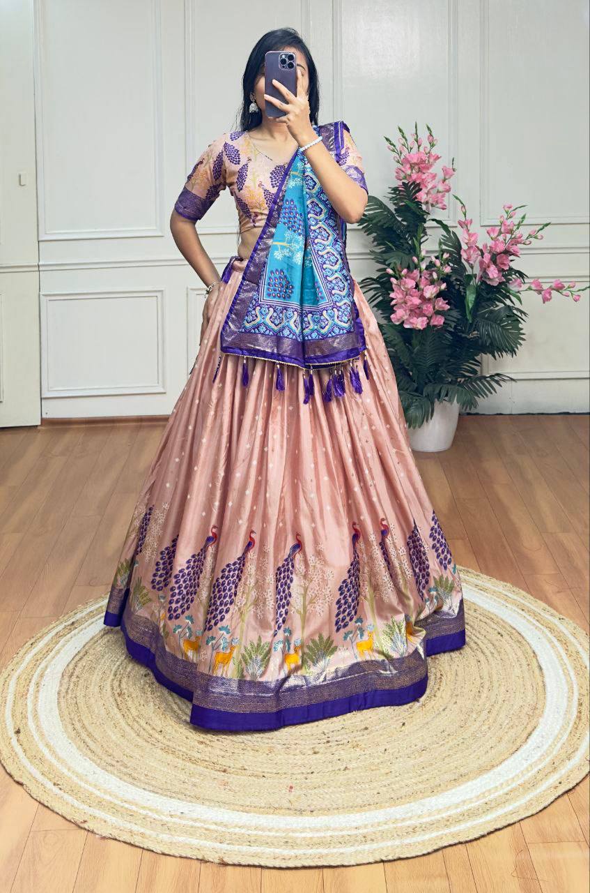 Peach and blue color dola silk lehenga with foil and patola printed work