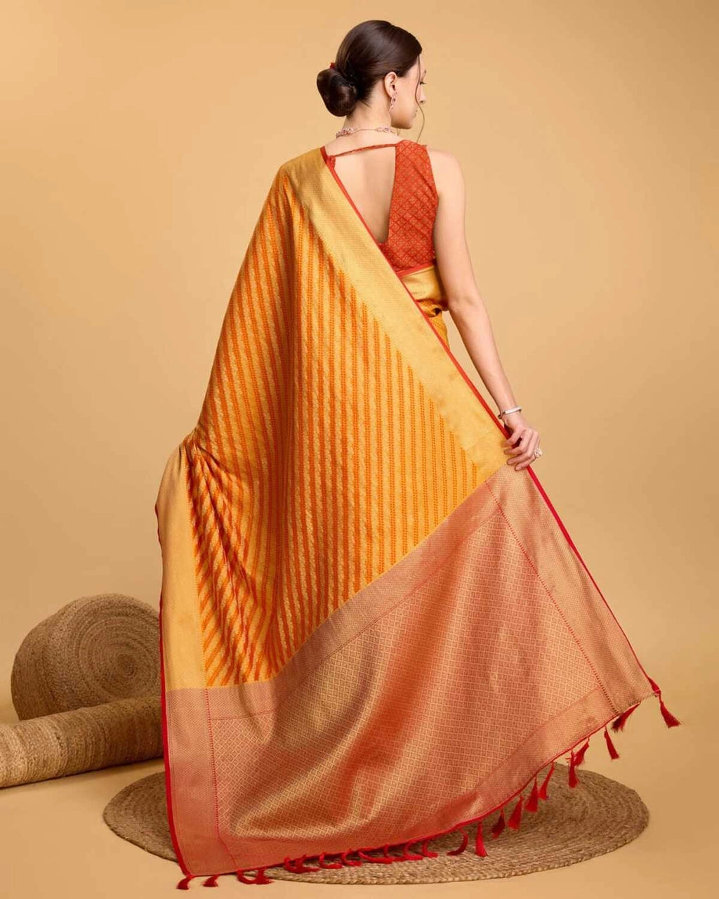 Orange color kanchipuram silk saree with zari woven work
