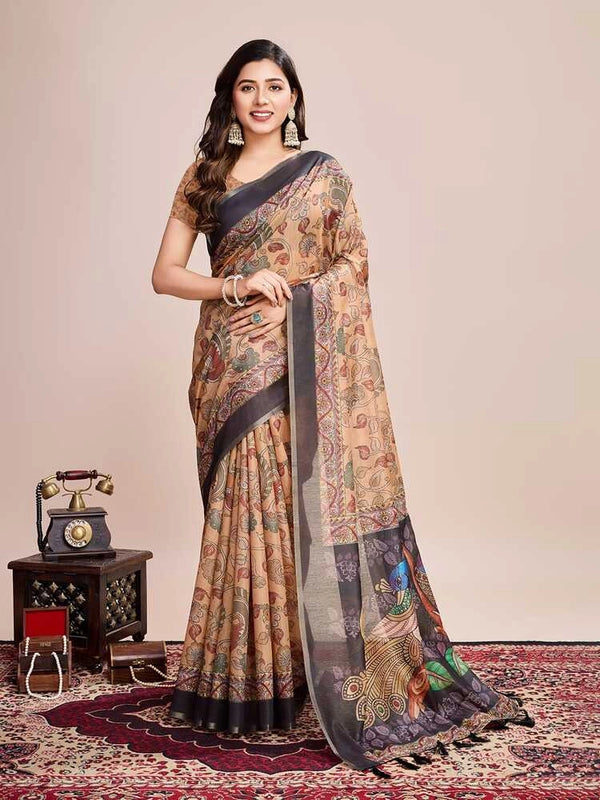 Multi soft linen cotton saree with floral printed work
