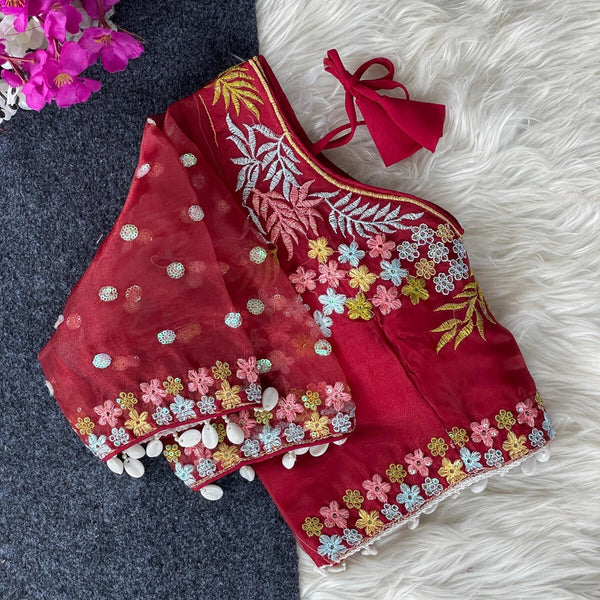 Maroon fancy heavy net readymade blouse with embroidery work