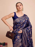 Golden & copper zari weaving with navy blue color soft silk banarasi saree
