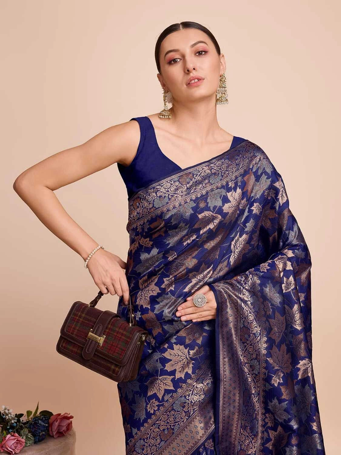 Golden & copper zari weaving with navy blue color soft silk banarasi saree
