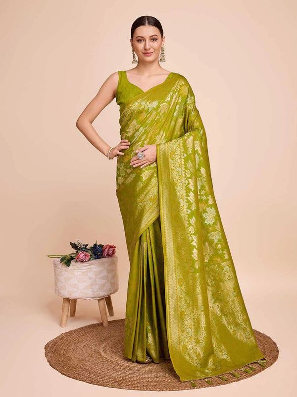 Golden & copper zari weaving with mahendi green color soft silk banarasi saree