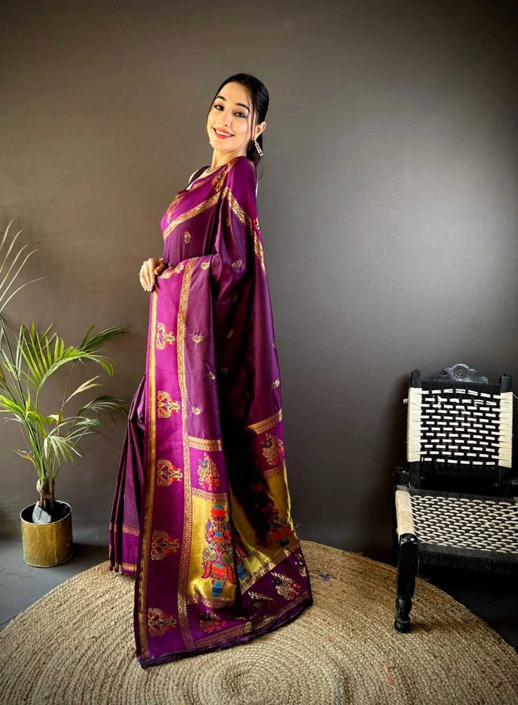 Magenta traditional paithani silk saree with meenakari zari weaving work