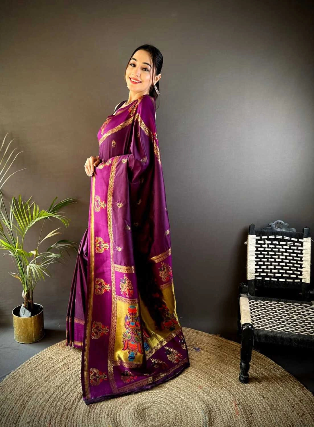 Magenta traditional paithani silk saree with meenakari zari weaving work