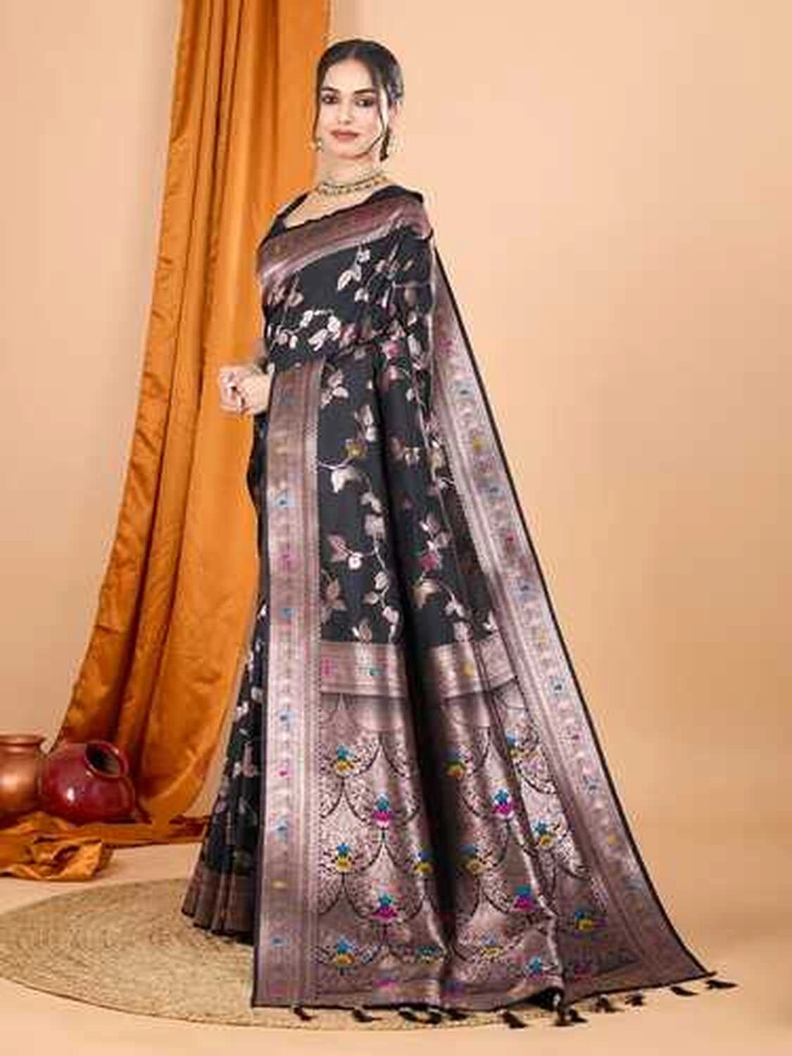Black premium banarasi silk saree with meenakari zari weaving work