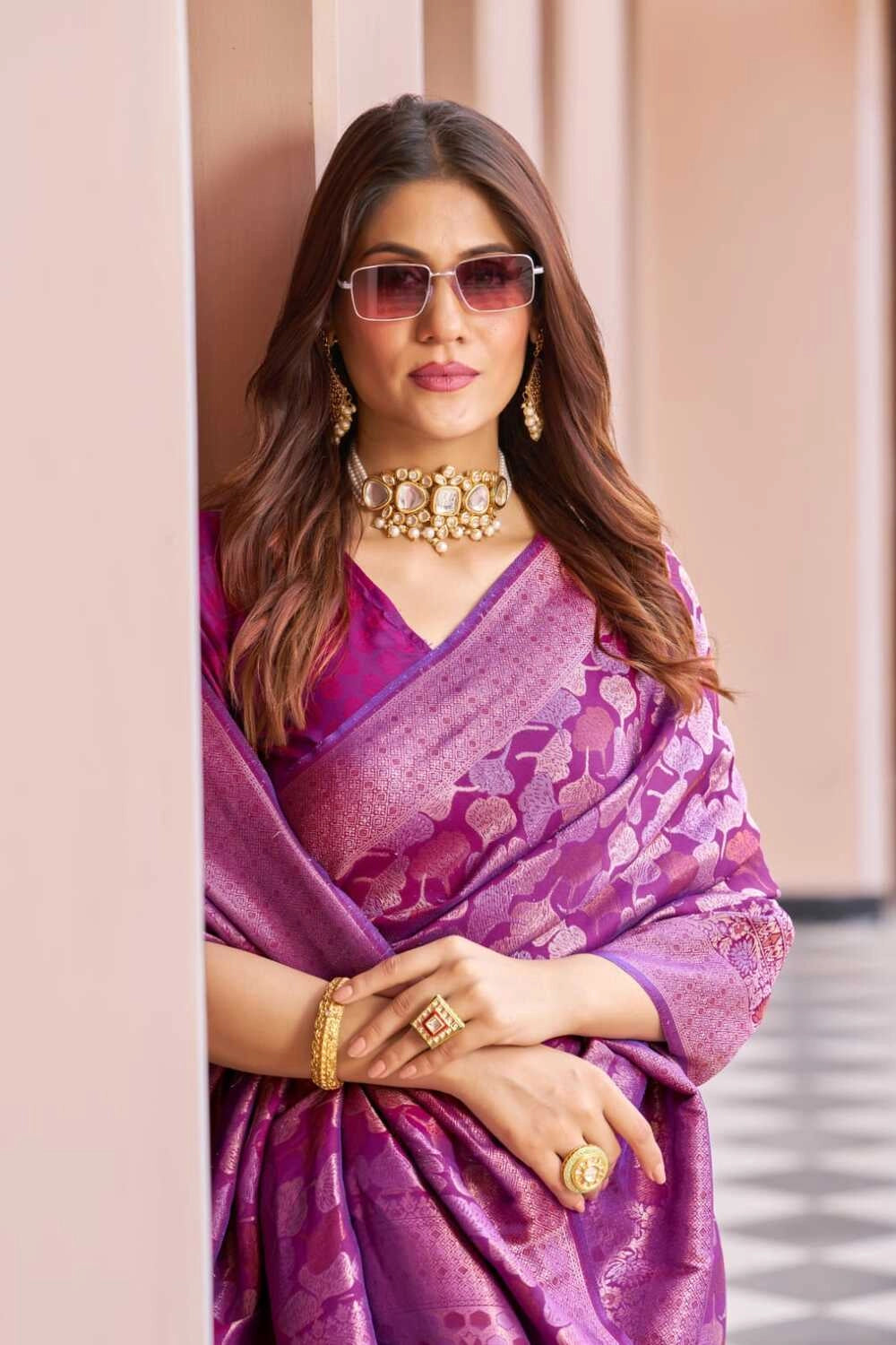 Purple kanjivaram silk saree with zari weaving work