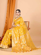 Yellow premium banarasi silk saree with meenakari zari weaving work