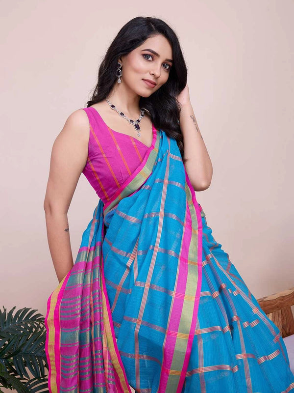 Sky blue kota doriya saree with zari weaving work
