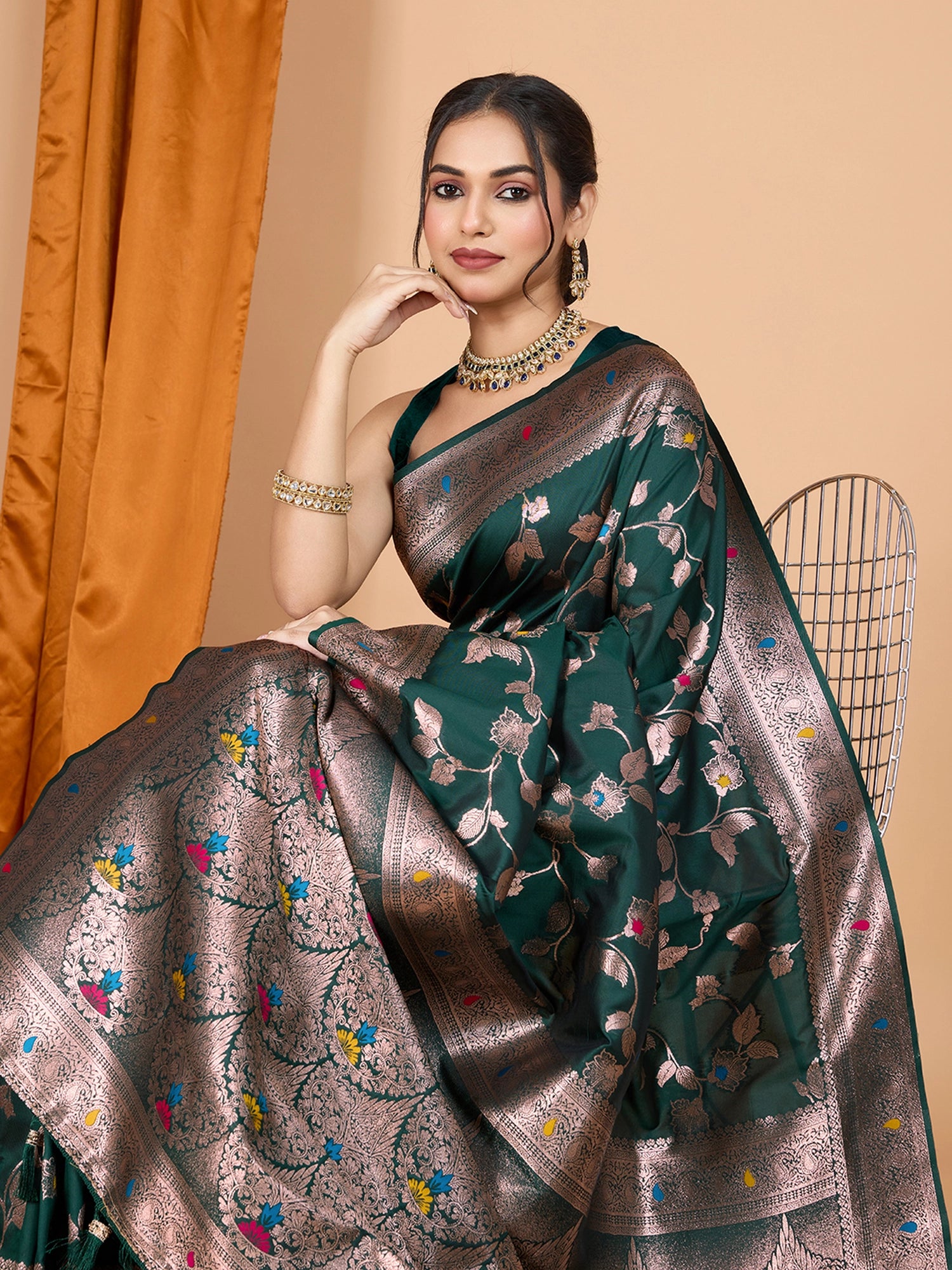 Dark green premium banarasi silk saree with meenakari zari weaving work