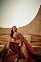 Black traditional pashmina cotton saree with woven design