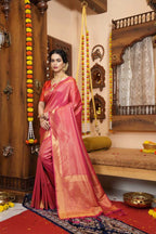 Pink color kanjivaram silk saree with zari weaving work
