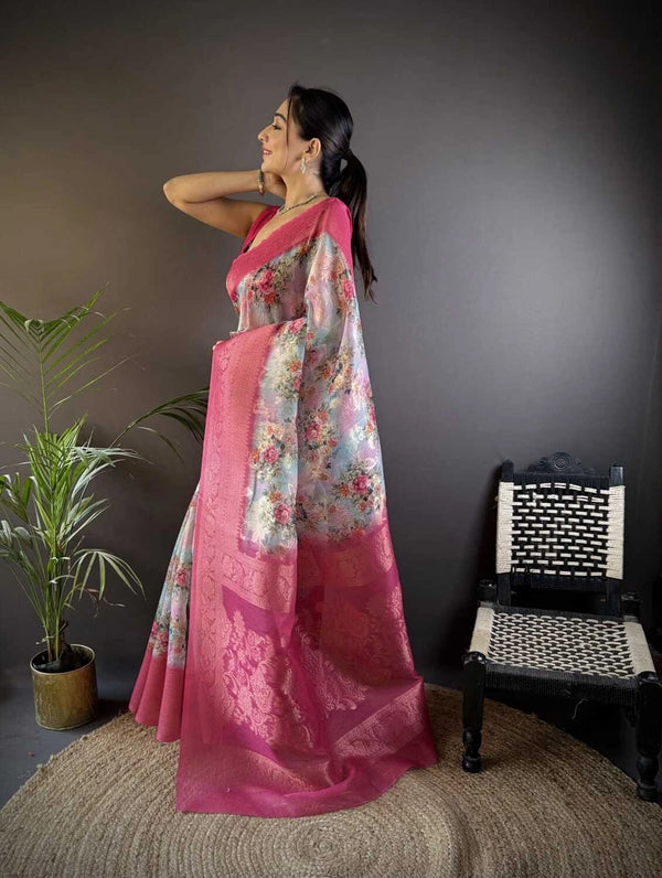 Fancy Pink linen silk saree with digital printed work
