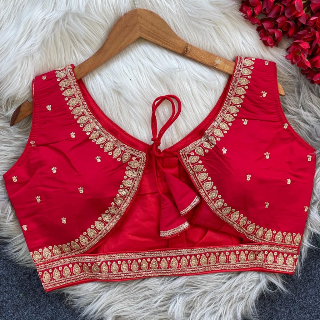 Red sequence and embroidery roman silk readymade blouse