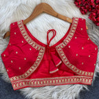 Red sequence and embroidery roman silk readymade blouse