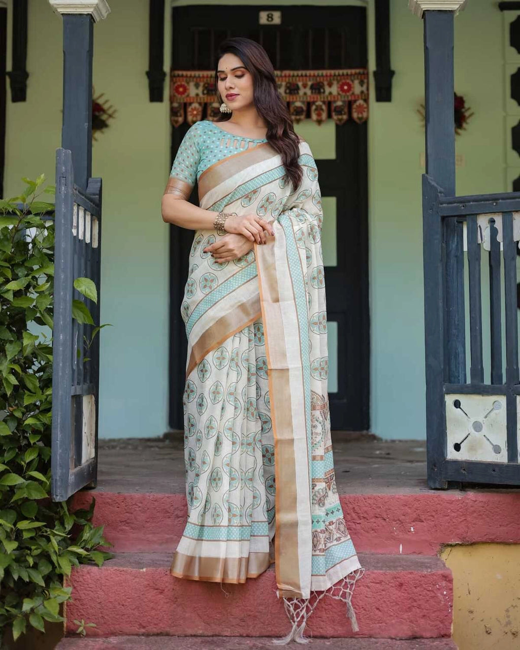 Multi summer special digital printed linen cotton saree