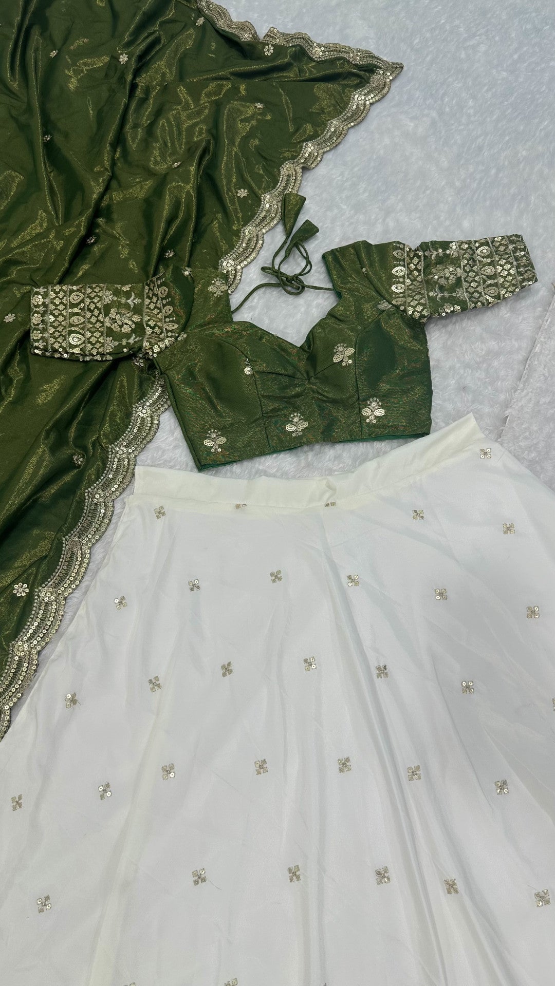 Off white Pure Crepe Silk Lehenga with 5 Meter Flair & Shimmer Silk Blouse