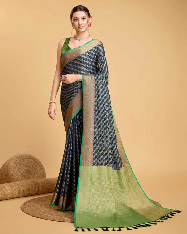 Navy blue color kanchipuram silk saree with zari woven work