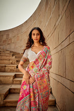 White traditional pashmina cotton saree with woven design