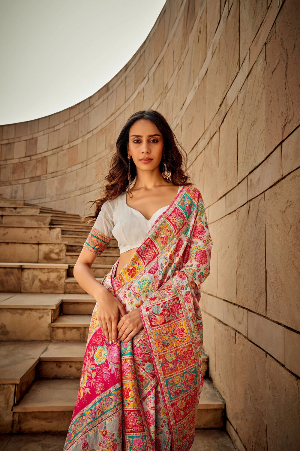 White traditional pashmina cotton saree with woven design
